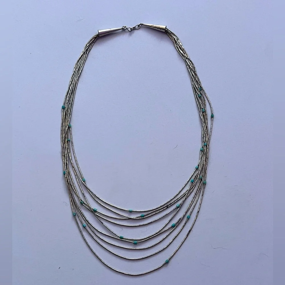 Vintage Navajo Liquid Silver Turquoise Heishi Sterling Silver Graduated Necklace